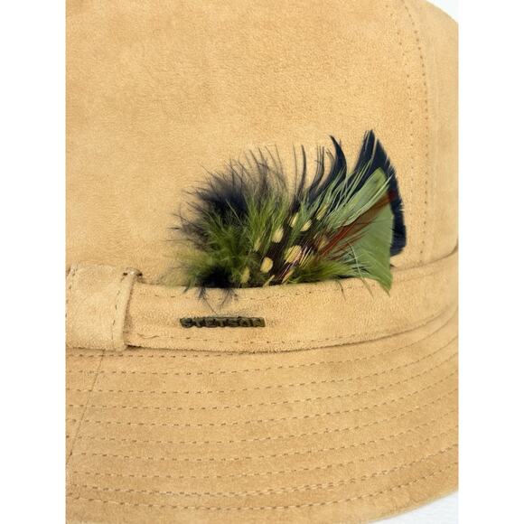 Vintage Stetson Fedora Adult 6 7/8 Beige Genuine Suede With Feathers Hipster - Picture 2 of 10
